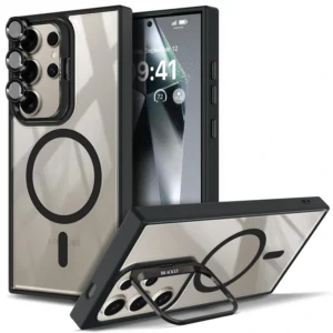 قاب اورجینال Samsung Galaxy S24 Ultra مگ سیف دار مدل Metal Stand + محافظ لنز رینگی ست