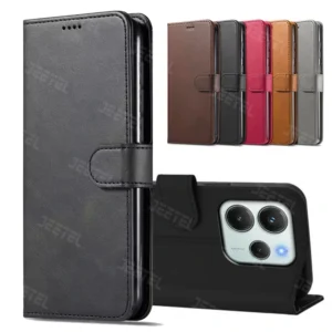 کیف چرمی Xiaomi Redmi Note 14 4G مدل لپ تاپی جاکارتی دار (محافظ لنزدار)