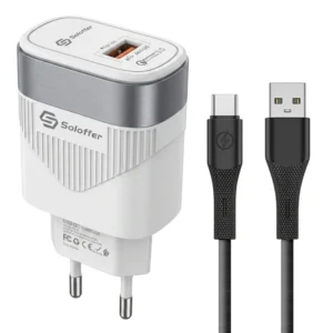 آداپتور فست شارژ با یک خروجی QC3.0 به همراه کابل تایپ سی مدل Soloffer TC50 (اورجینال+گارانتی)